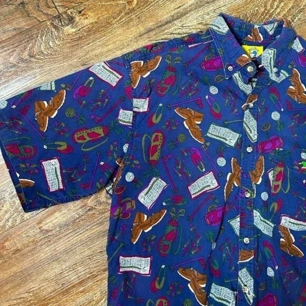 Duck‎ Head Golf Print Shirt Mens Blue Good Vintage Short Sleeve Button Down